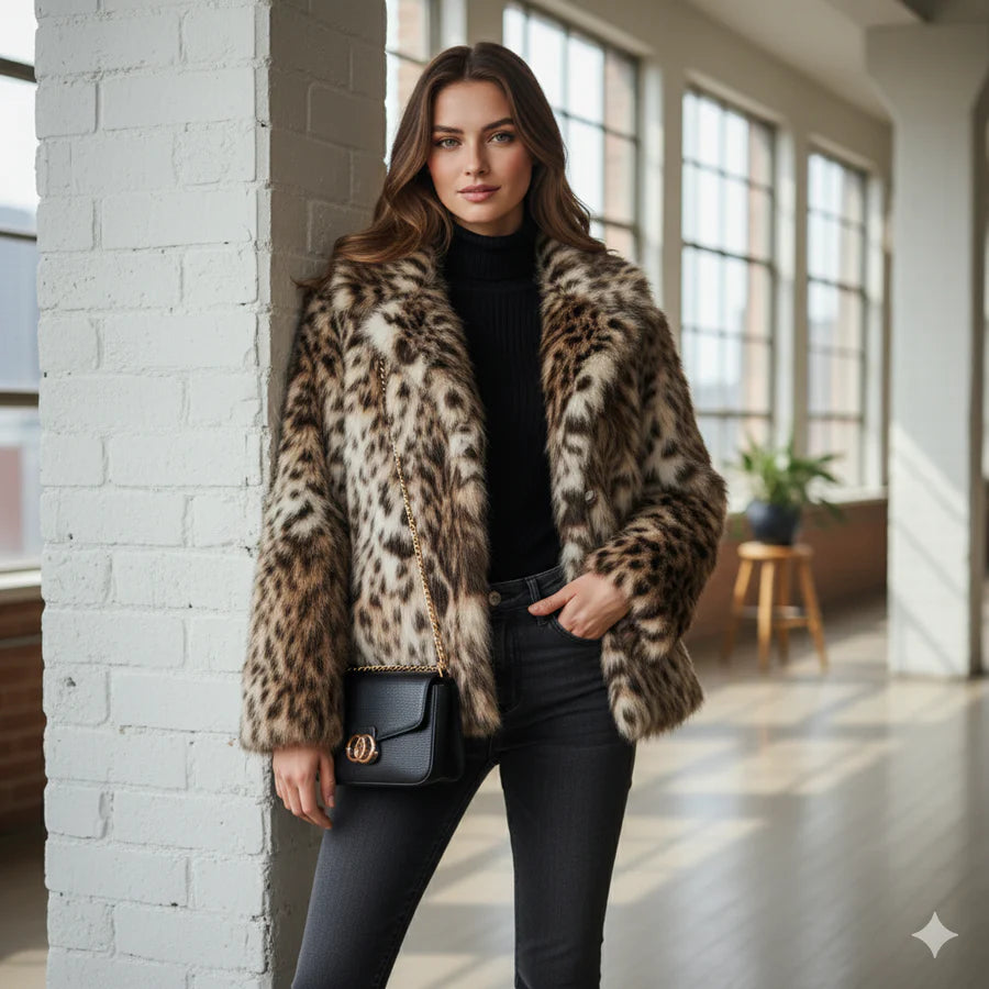 Ocelai - Veste en Fourrure Synthétique Léopard Foncée