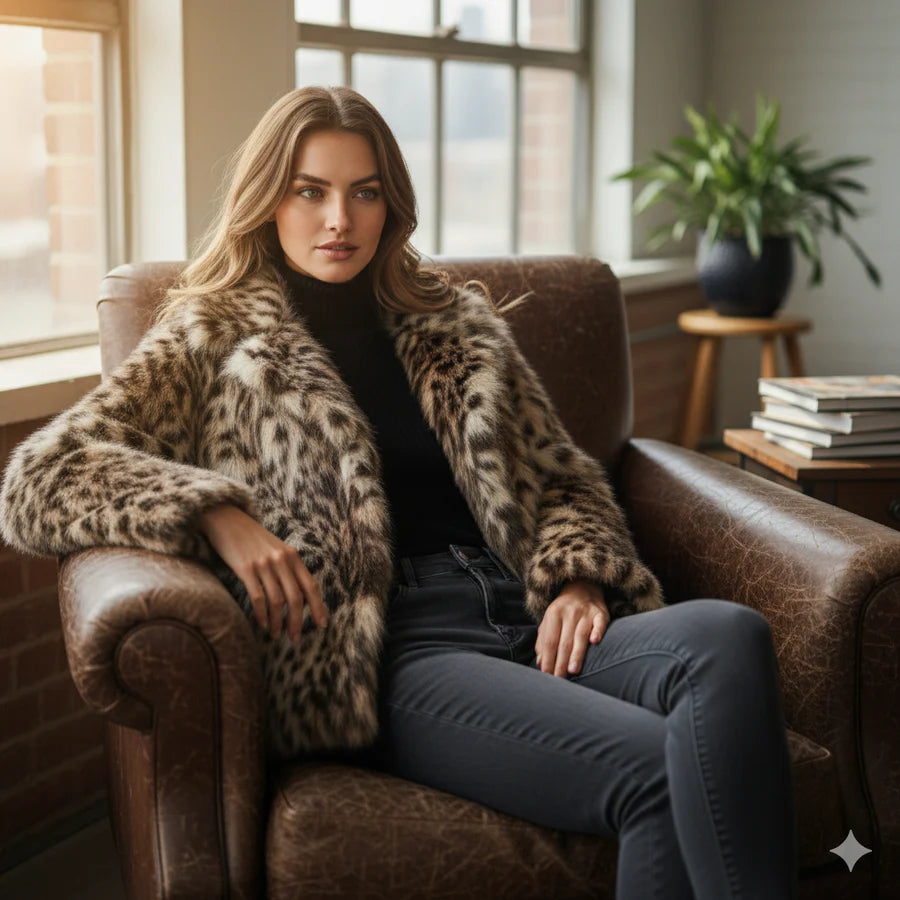 Ocelai - Veste en Fourrure Synthétique Léopard Foncée